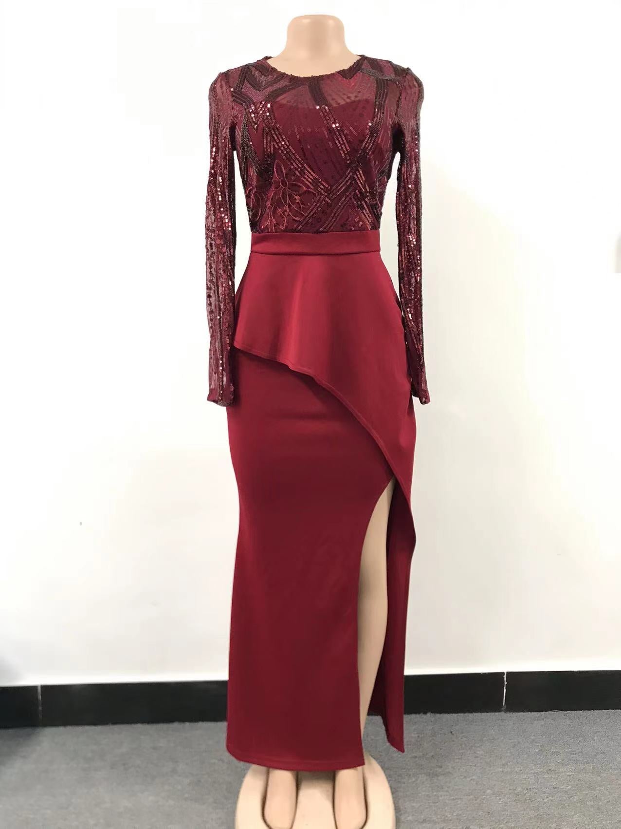 Women Elegant Long Sleeves Sequins Slit Evening Dress 18