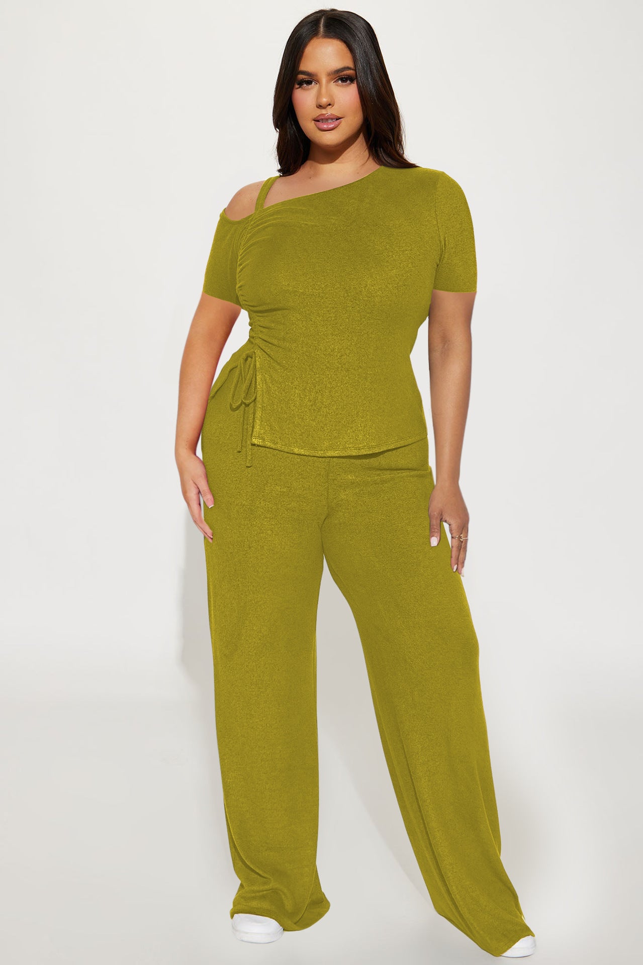 Women's Spring  Slash Shoulder Short Sleeve Pleated Slim Sexy Two-Piece Pants Set 3