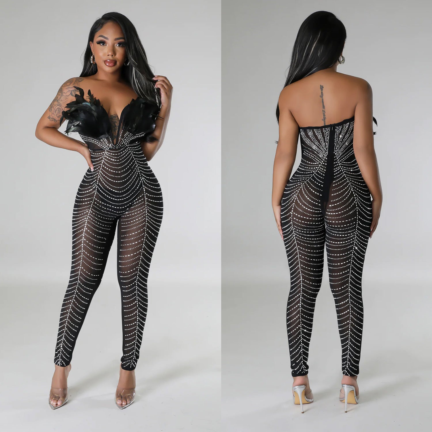 Women Solid Sexy Mesh Beaded Jumpsuit 8