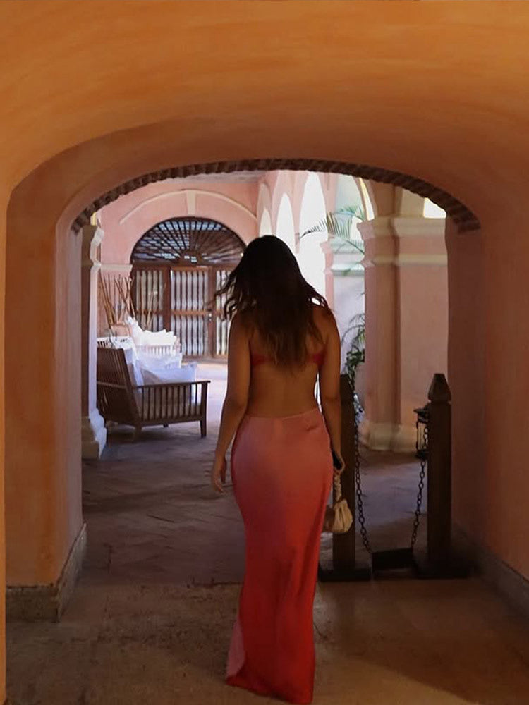 Summer sexy gradient color Strapless Open Waist slim long dress 5