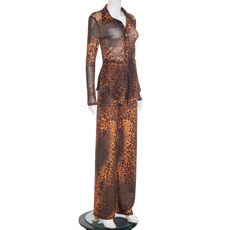 Women Autumn/Winter Leopard Print Mesh Turndown Collar Button Top and Bell Bottom Two-Piece Set 7