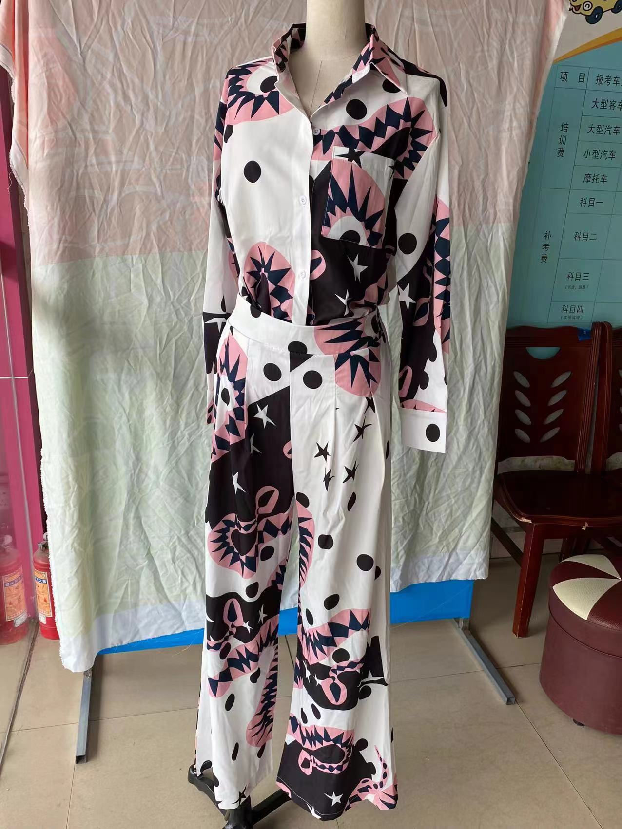 Plus Size Women Long Sleeve Shirt and High Waist Wide Leg Pants Two-Piece Set 11