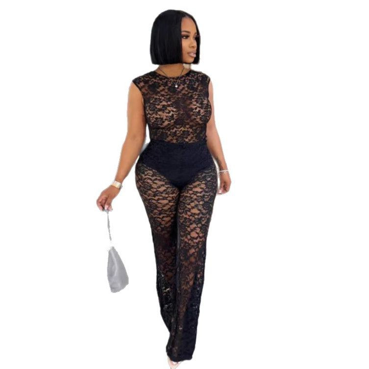 Women Elegant See-Through Lace Top and Pants Two Piece 6