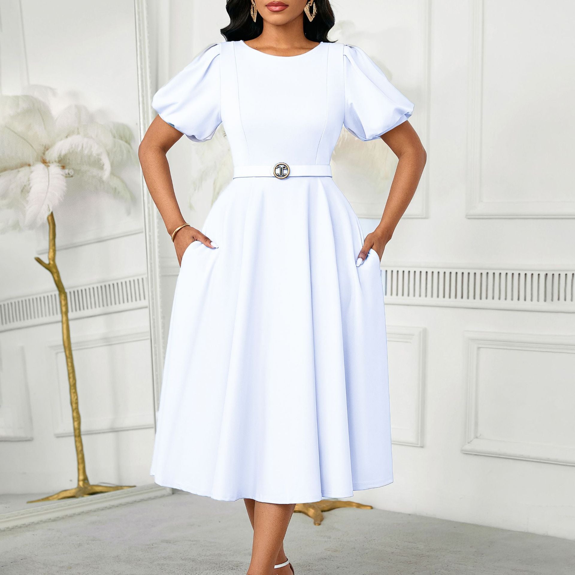 Women's Summer Trendy Puff-Sleeve Elegant High-Waist Solid Round Neck A-line African Dress 7