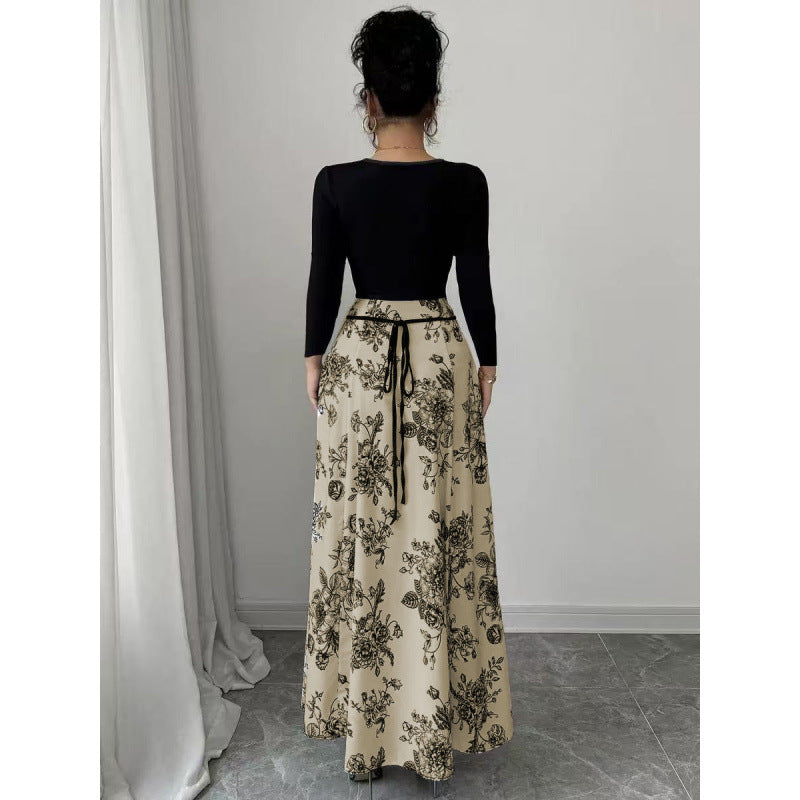 Women's Elegant Floral Print Square Neck Patchwork Tie-Waist Dress 4