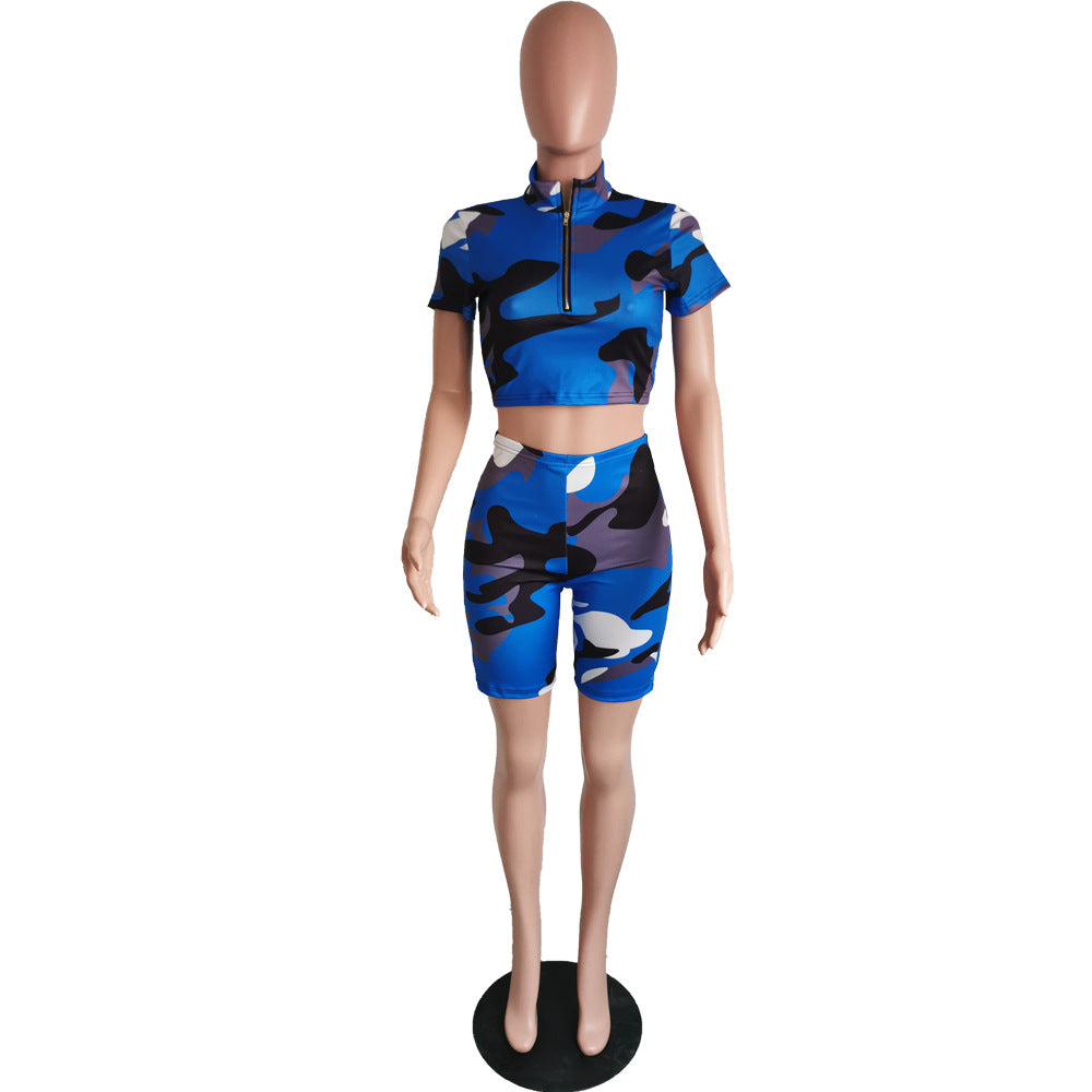 Women's Sexy Camouflage Short Sleeve Zipper High Waist Two-Piece Set 10