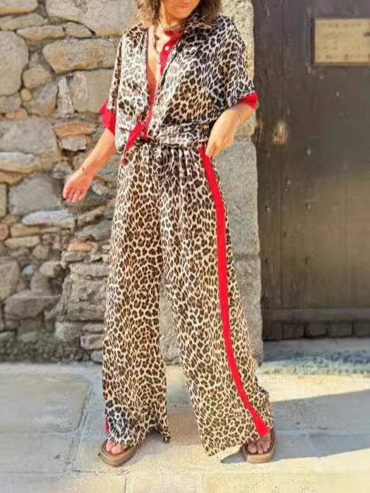 Women's Casual Leopard Print Contrast Short Sleeve Button Top Wide Leg Pants Two Piece Set 5