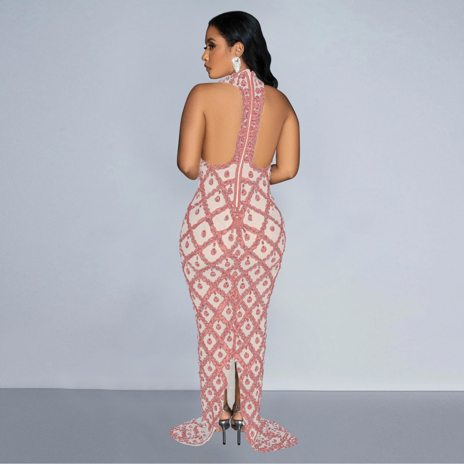 Women Solid Sequin Halter Neck Backless Maxi Dress 10