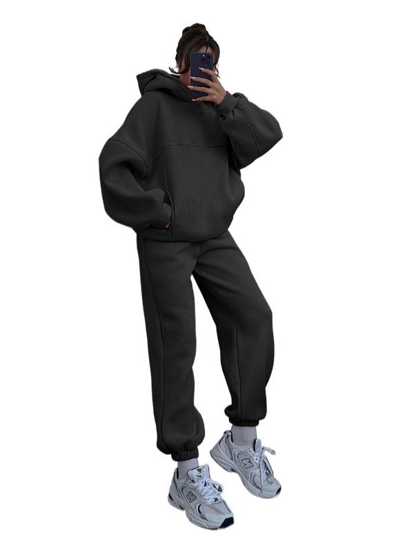 Women Solid Hoodies and Pant Casual Two-piece Set