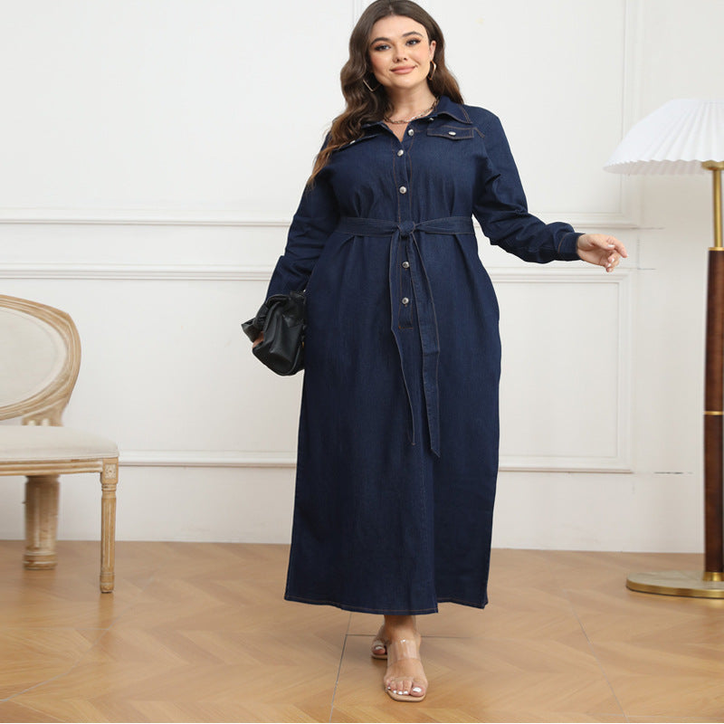 Plus Size Winter Women's Turndown Collar Washed Denim Casual Shirt Dress 6