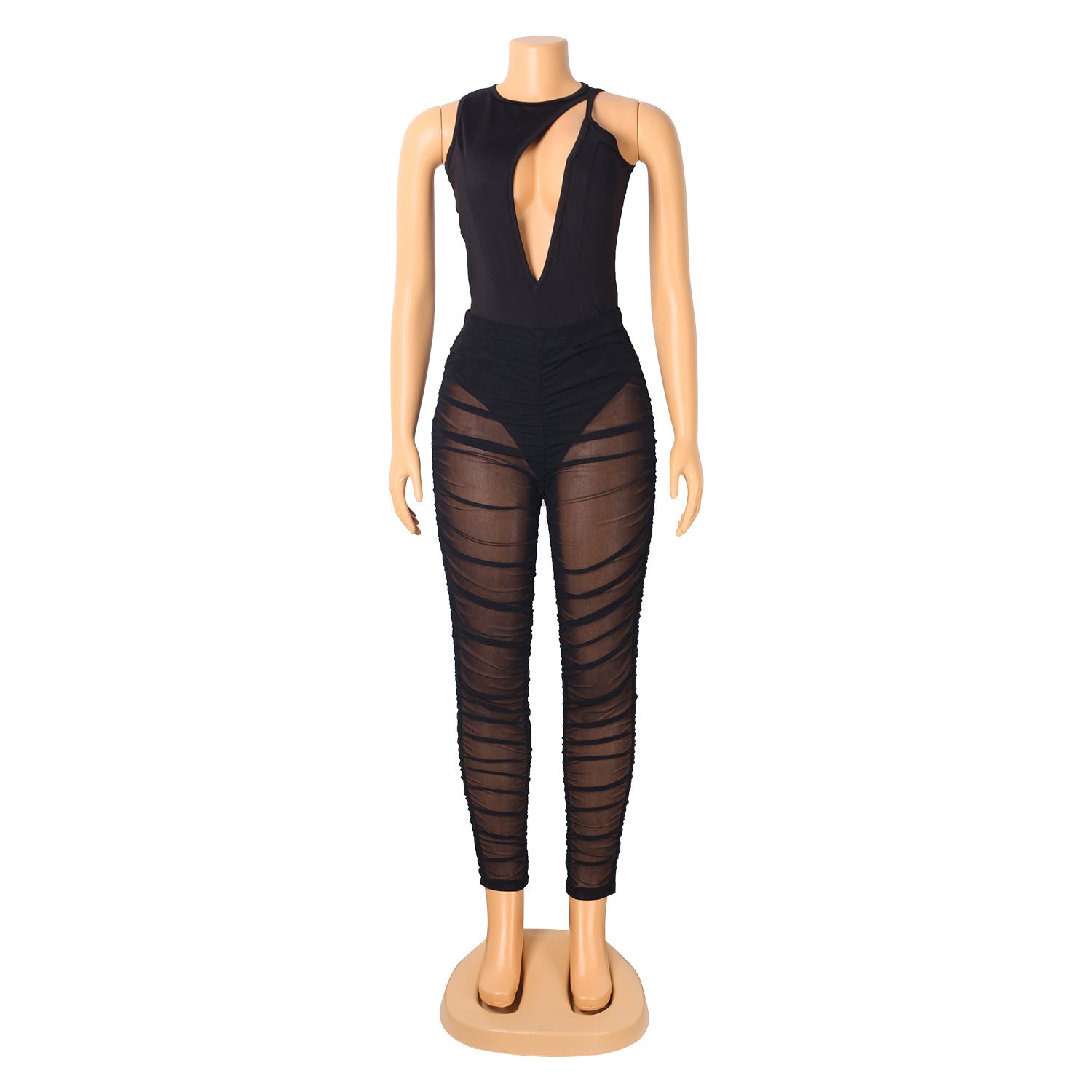 Women's Fashion Sexy Sleeveless Hollow Bodysuit Mesh See-Through ruched pants Ladies two piece set 11