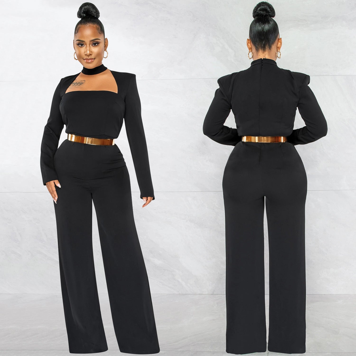 Women Fashion Solid Color Long Sleeve Wide Leg Pants Jumpsuit 6
