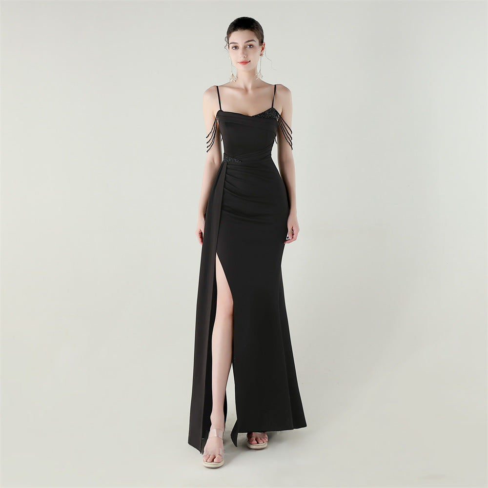 Women beaded chain fishtail slit evening dress 3