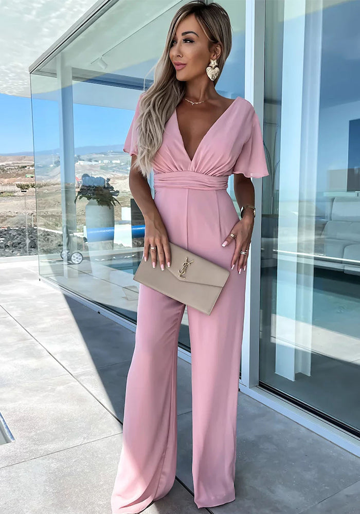 Spring Summer V Neck Casual Short Sleeve Loose Holidays Wide Leg Jumpsuit Women