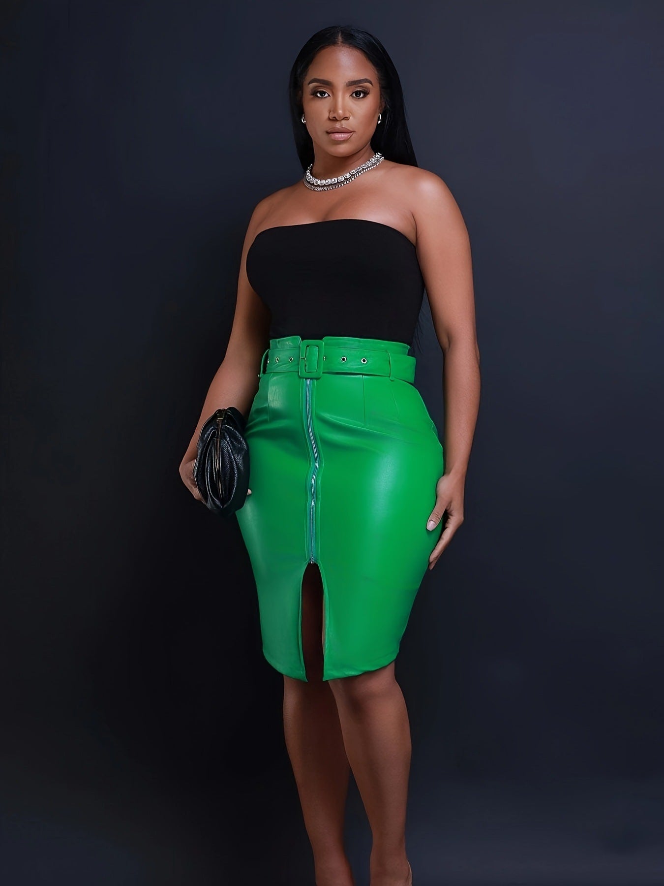 Women Casual Slit High Waist Pu Leather Skirt 5