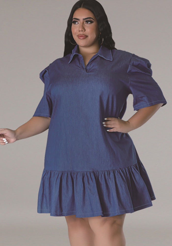 Plus Size Women Denim Turndown Collar Short Sleeve Dress