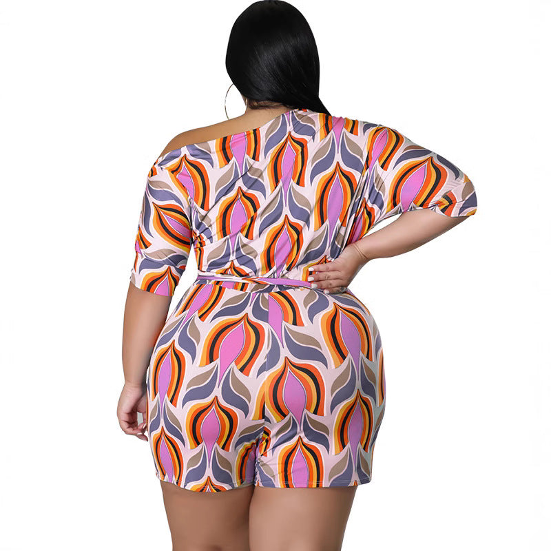 Plus Size Women's Summer Slash Shoulder Print Short Sleeve Jumpsuit With Belt 9