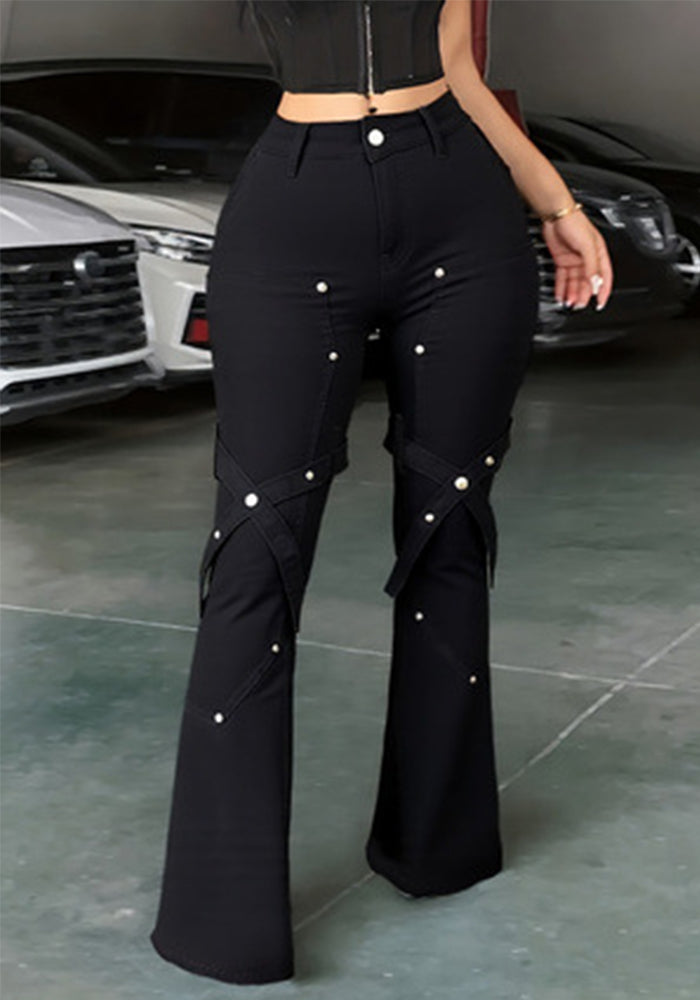 Women American rivet stretch Bell Bottom denim pants
