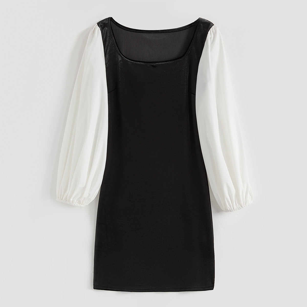 Women Sexy Square Neck Velvet Patchwork Contrast Color Lantern Sleeve Bodycon Dress 9