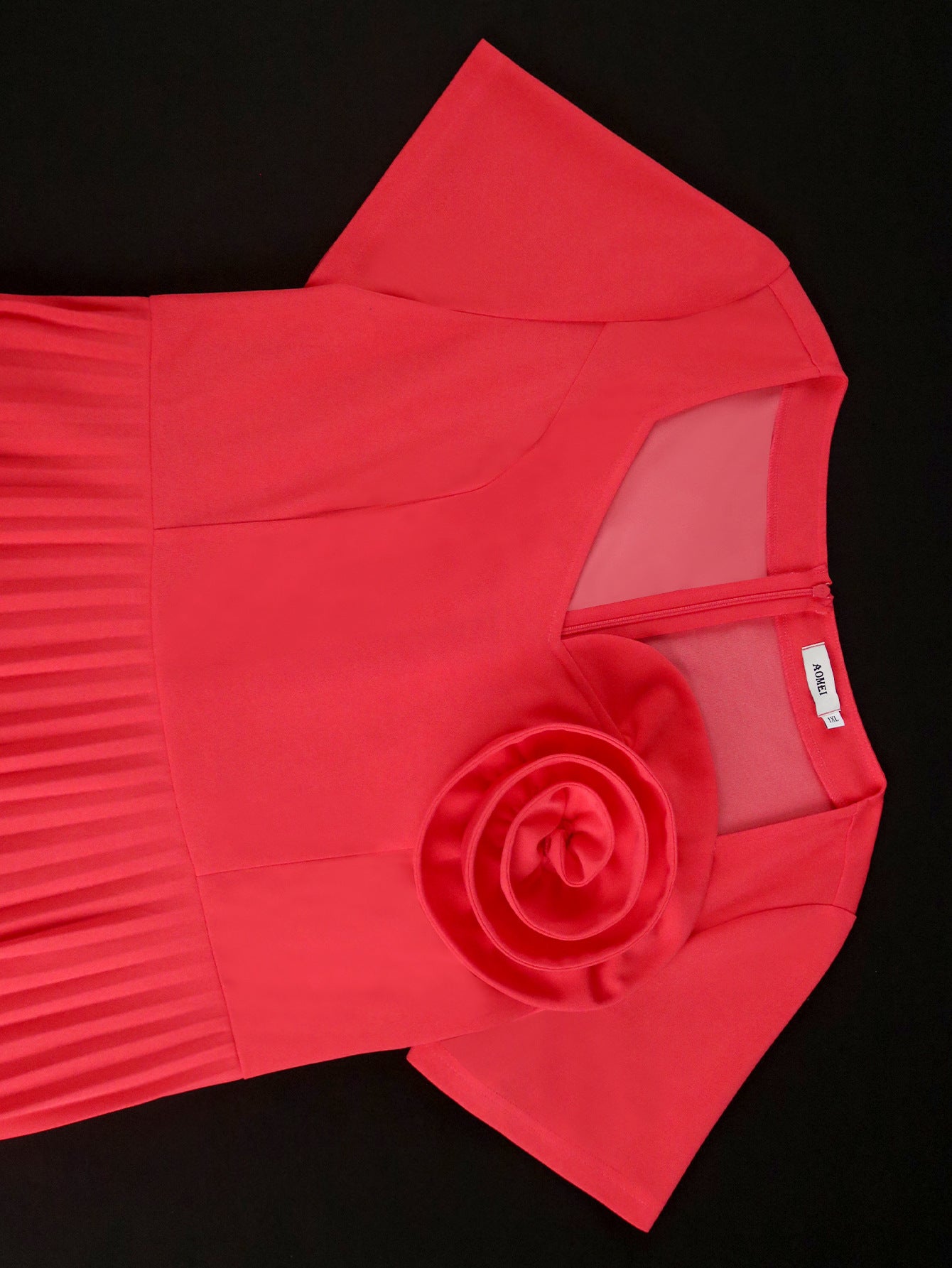 Plus Size Women Watermelon Red Short Sleeve Lace Elegant Maxi Summer Pleated Dress 6