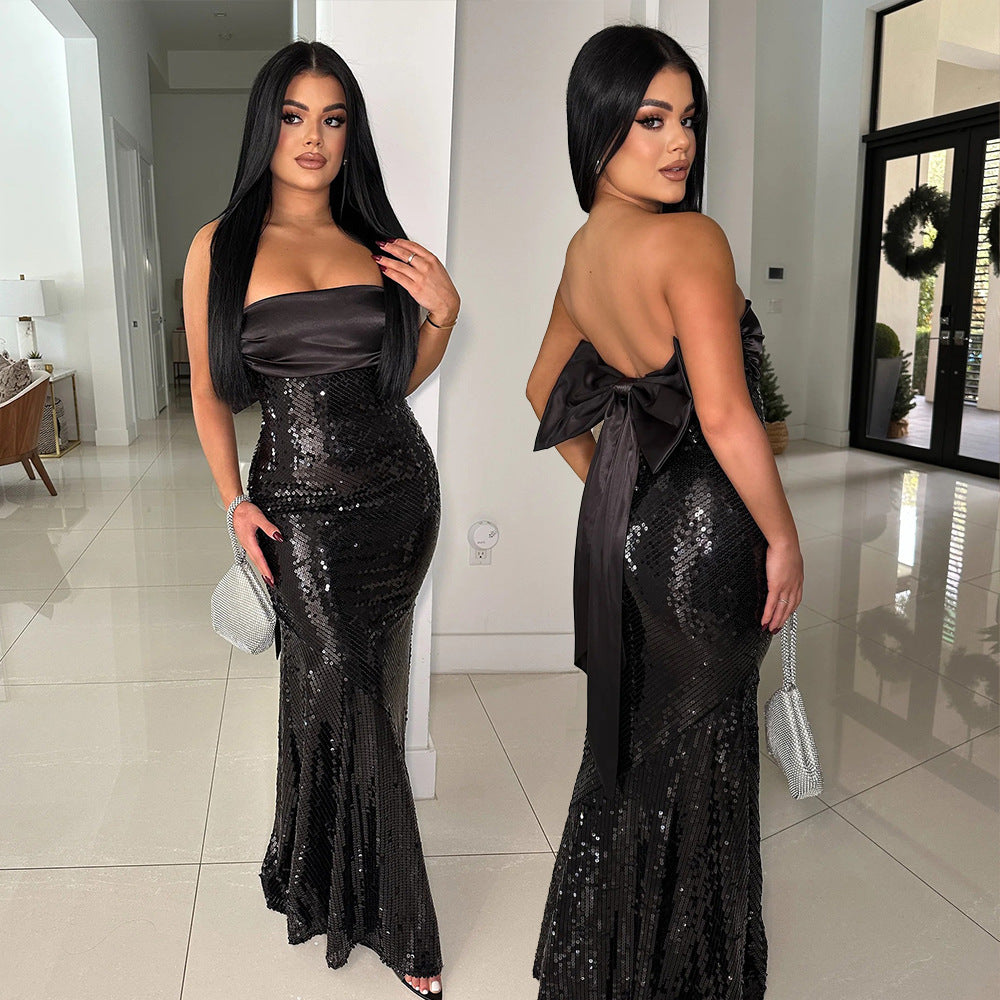 Women Sexy Strapless Satin Patchwork Sequin Fishtail Dress 3