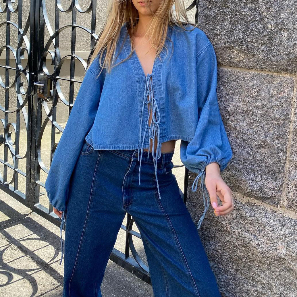 Women's Denim Jacket Y2K Bow Tie Long Sleeve Shirt Puff Sleeve Short Coat