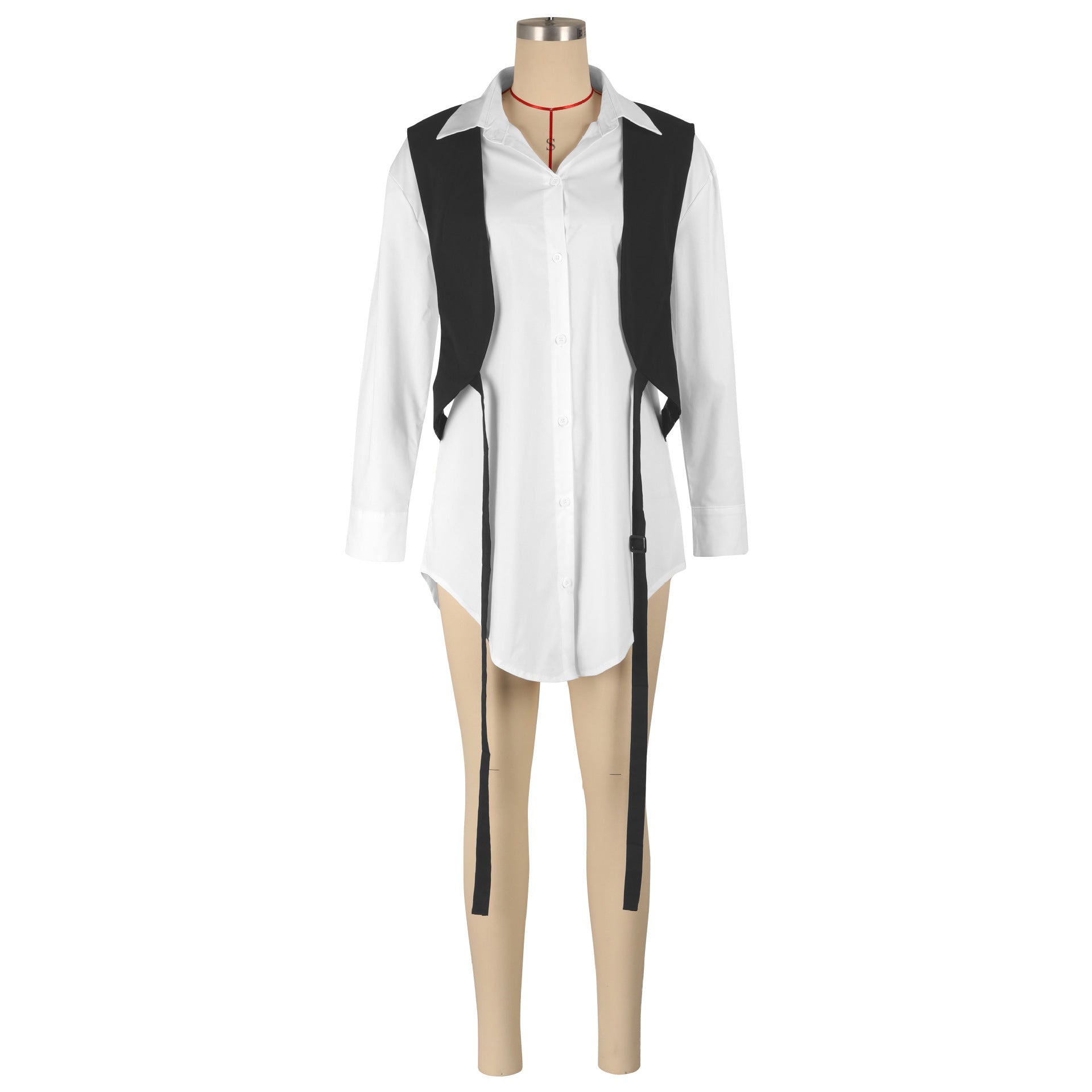 Women Ribbon Fake Two-piece Long Sleeve Shirt 9