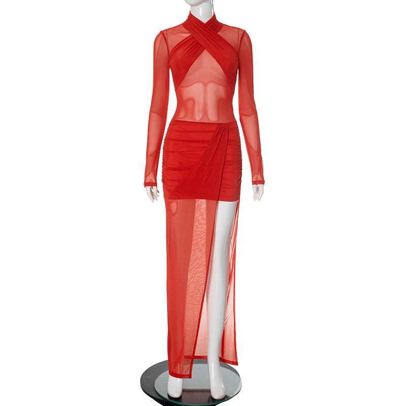Women's Sexy Cross Patchwork See-Through Mesh Red Round Neck Slim Long Dress 8