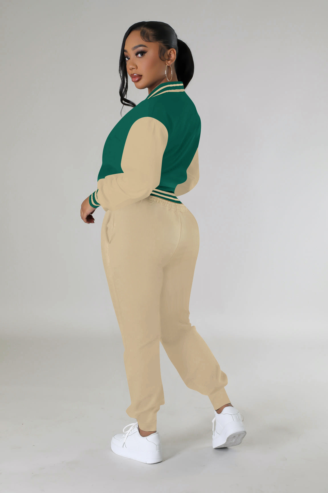 Women's Fashion Contrast Color Baseball Jacket Pants Two-Piece Set 4