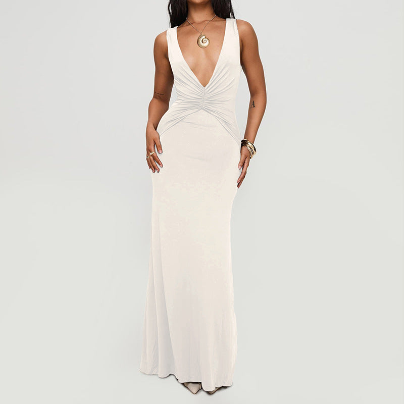 Women Sexy V-Neck Halter Neck Backless Pleated Maxi Fishtail Dress