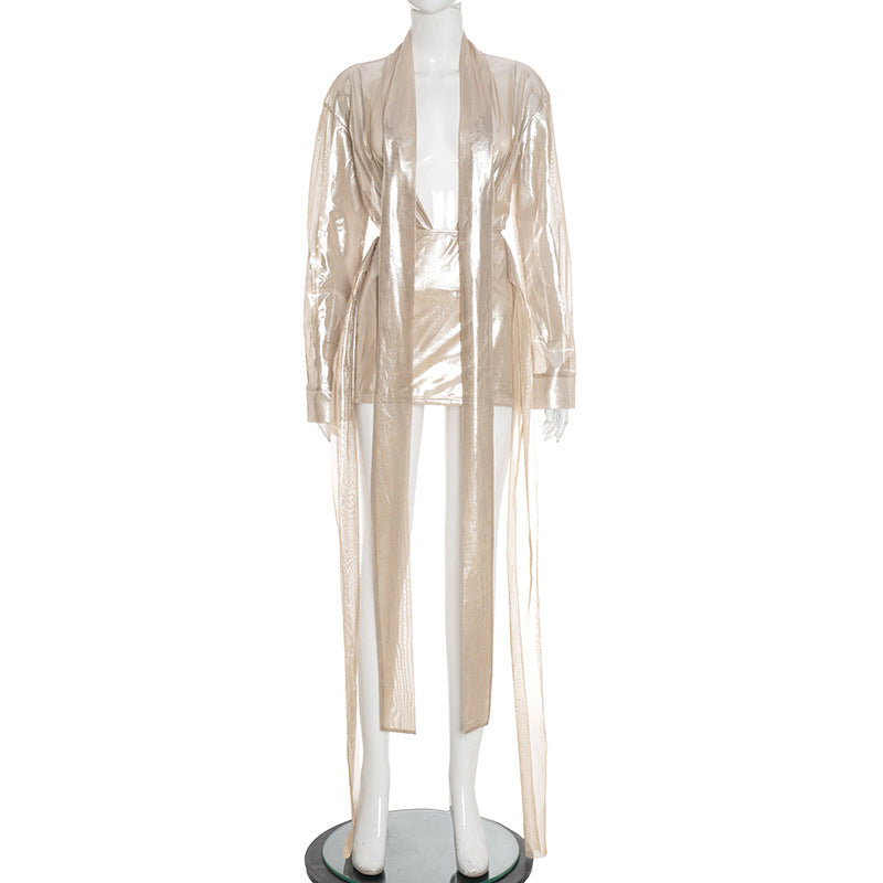 Women's Sexy Sheer Lace-Up Long Sleeve Top & Tight Fitting Bodycon Mini Skirt Two-Piece Set 11