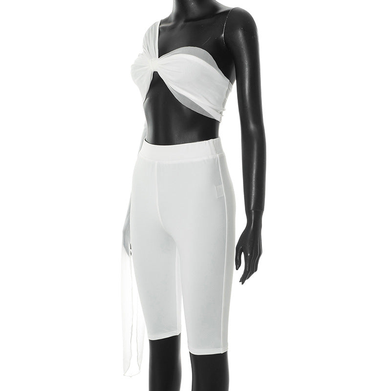 Women's Spring-Summer See-Through Mesh One-Sleeve Slim Tight Two-Piece Shorts Set 14