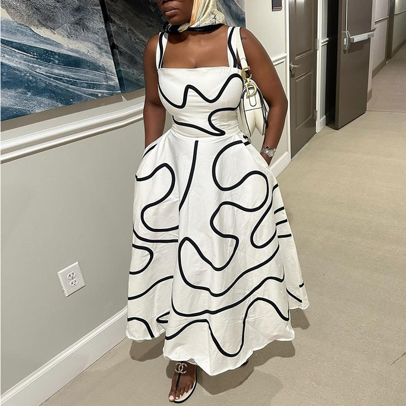 Women's Summer Fashion Strap Square Neck Printed Slim Waist A-Line Dress