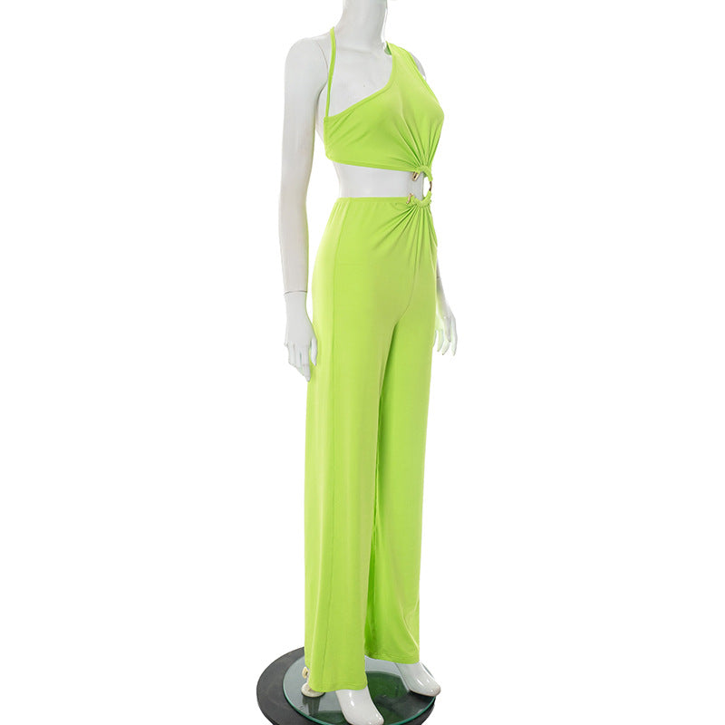 Women's spring and summer hollow Slash Shoulder gathered ring Patchwork long Jumpsuit 12