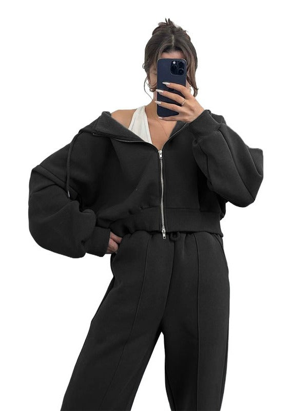 Women Autumn and Winter Solid Hoodies and Casual Hoodies Two-piece Set