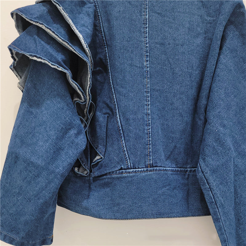 Women Trend Spring Fashion V-Neck Design Ruffle Long Sleeve Short Denim Jacket 6