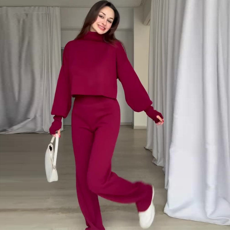 Autumn Casual Long-Sleeved Knitting High-Neck Sweater Trousers Two-Piece Set 7