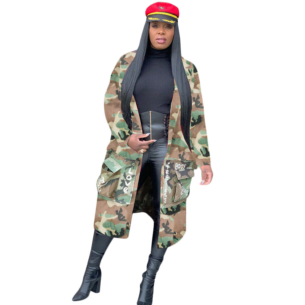 Women's Long Casual Fashion Camouflage Printed Patched Jacket 30