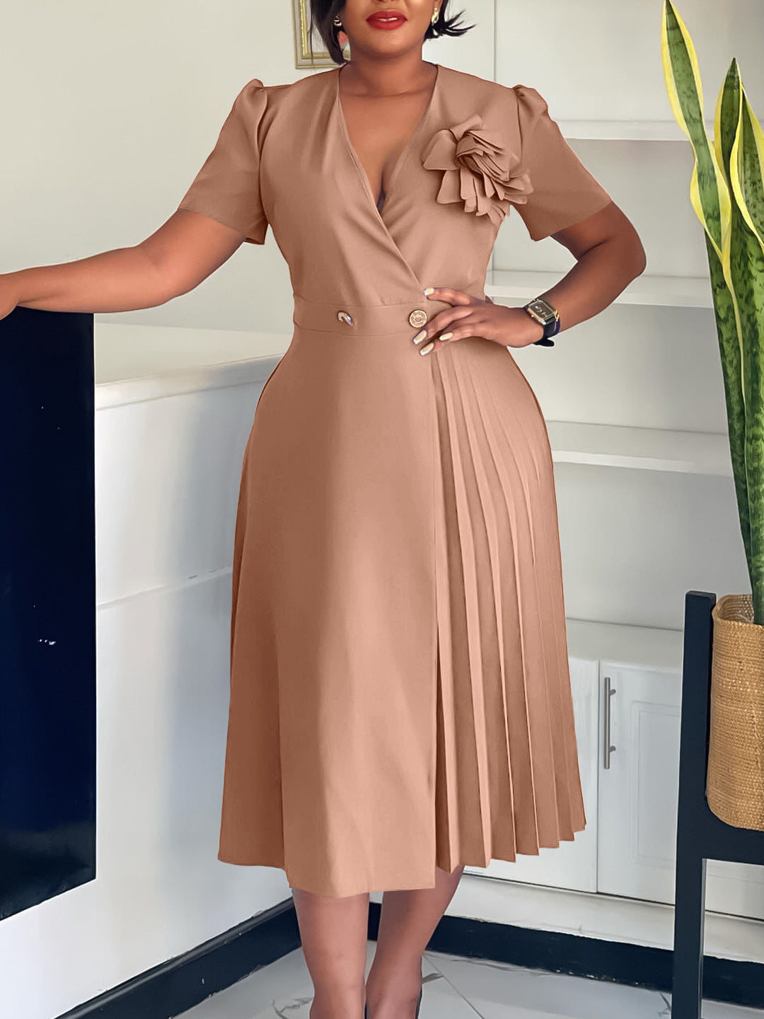 Women's Summer V-Neck Fashion Short Sleeve Solid Color Elegant Pleated African Dress 10