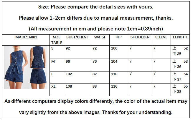 Summer Fashion Casual Sleeveless High Waist Women's Two Piece Denim Shorts Set 14