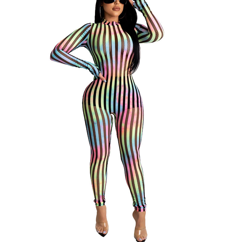 Striped Mesh Patchwork Casual Sexy Stretch Jumpsuit 13