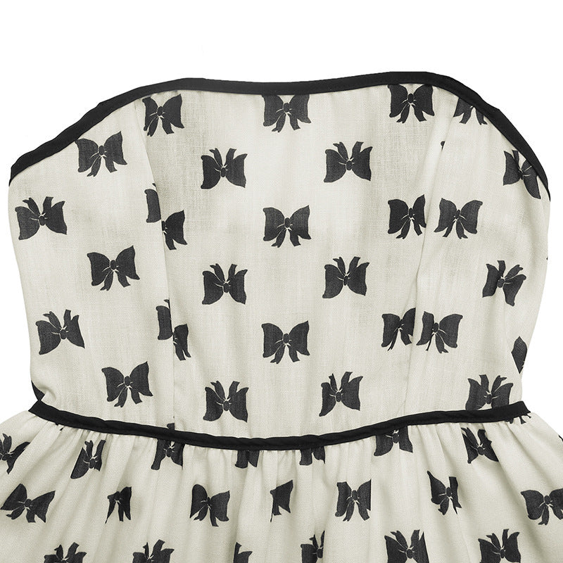 Women Bow Print Patchwork Summer Holidays Lace-Up Strap Dress 10