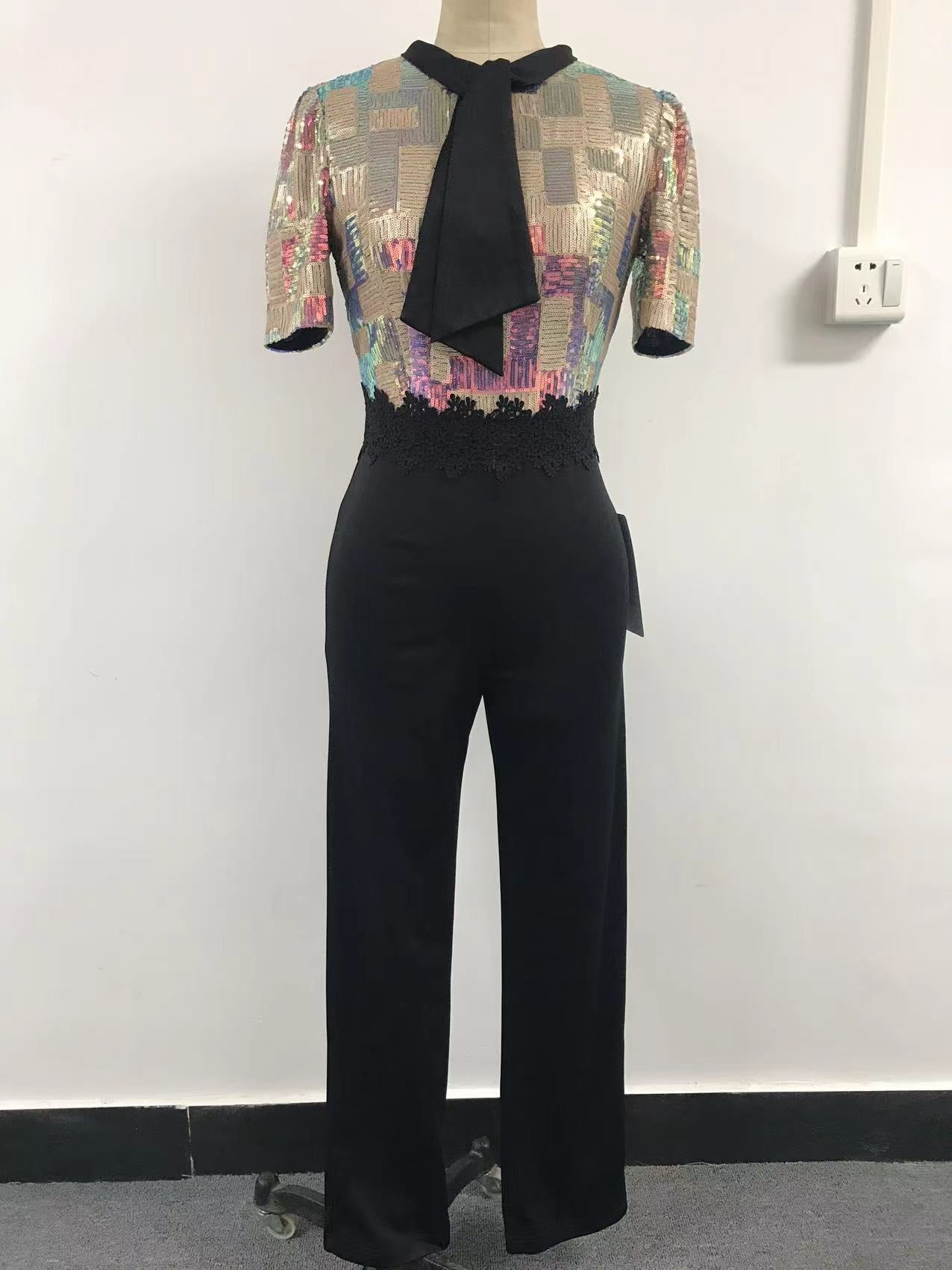 sexy plaid sequins patchwork short sleeve forma jumpsuit 11
