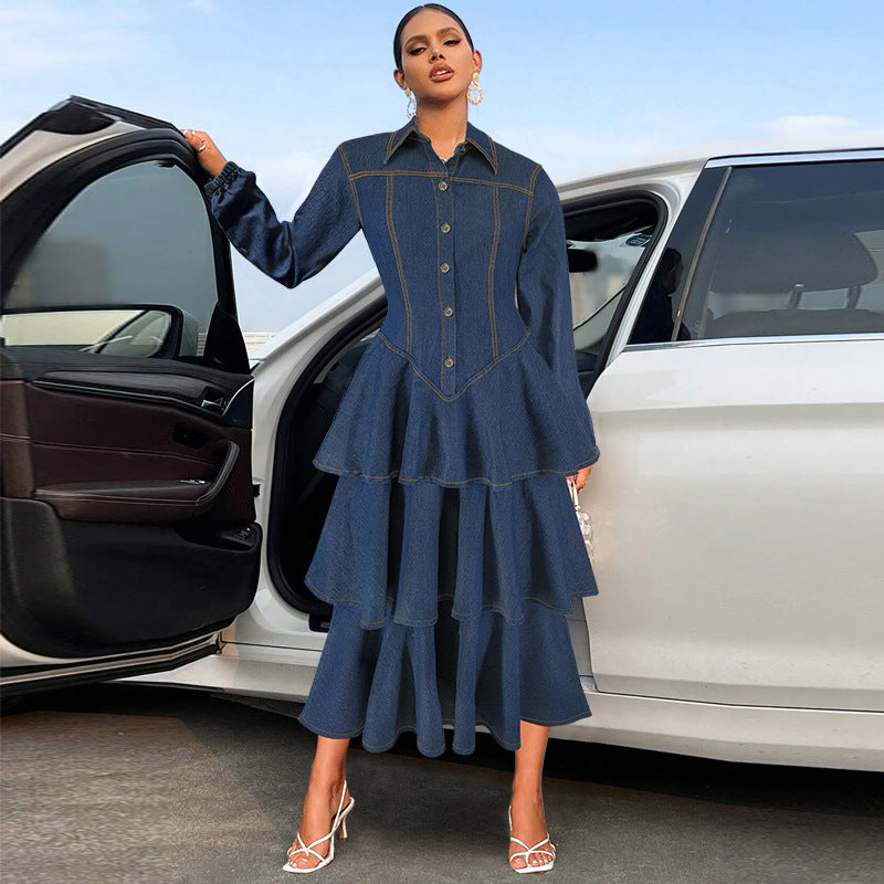 Women's Clothing Turndown Collar Long Sleeve Cascading Ruffles  Denim Long Dress 3