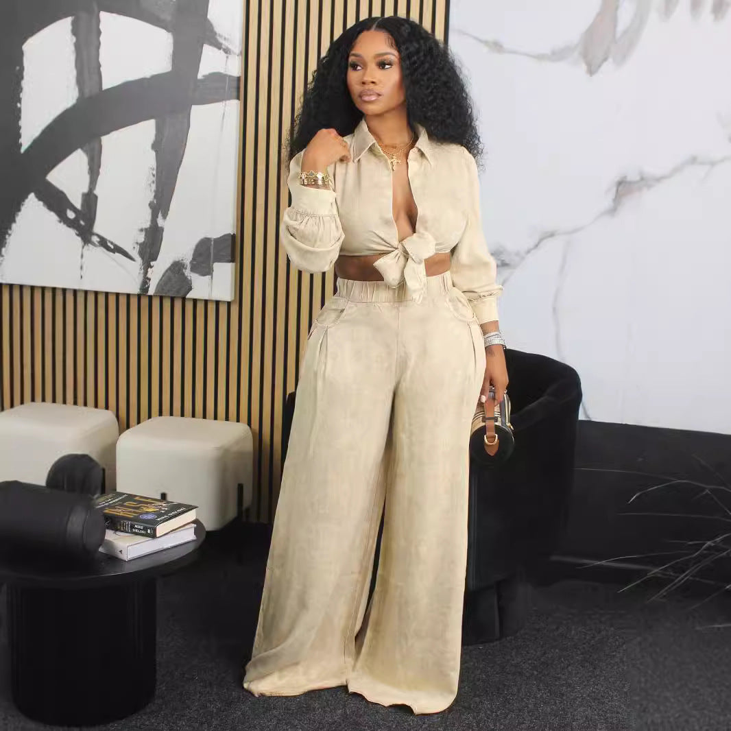 Autumn Women's Long Sleeve Shirt Loose Wide-Leg Pants casual two piece set 4