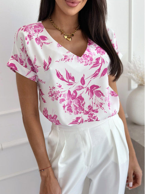 Women summer printed V-neck loose short-sleeved shirt 6