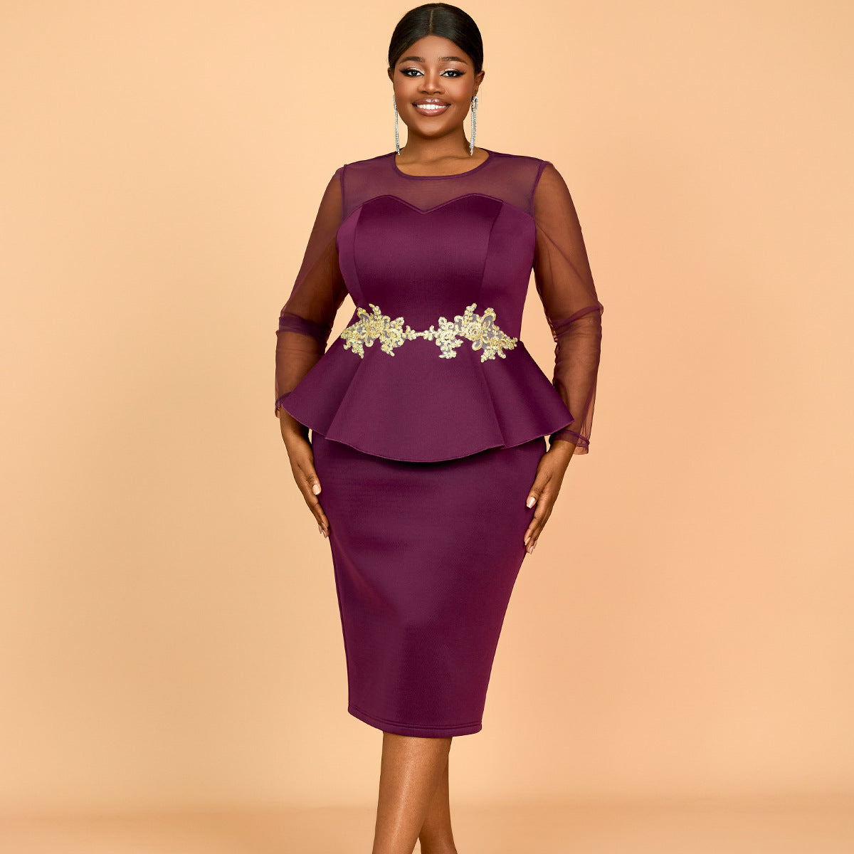 Plus Size See Through Long Sleeve Ruffle Bodycon Dress