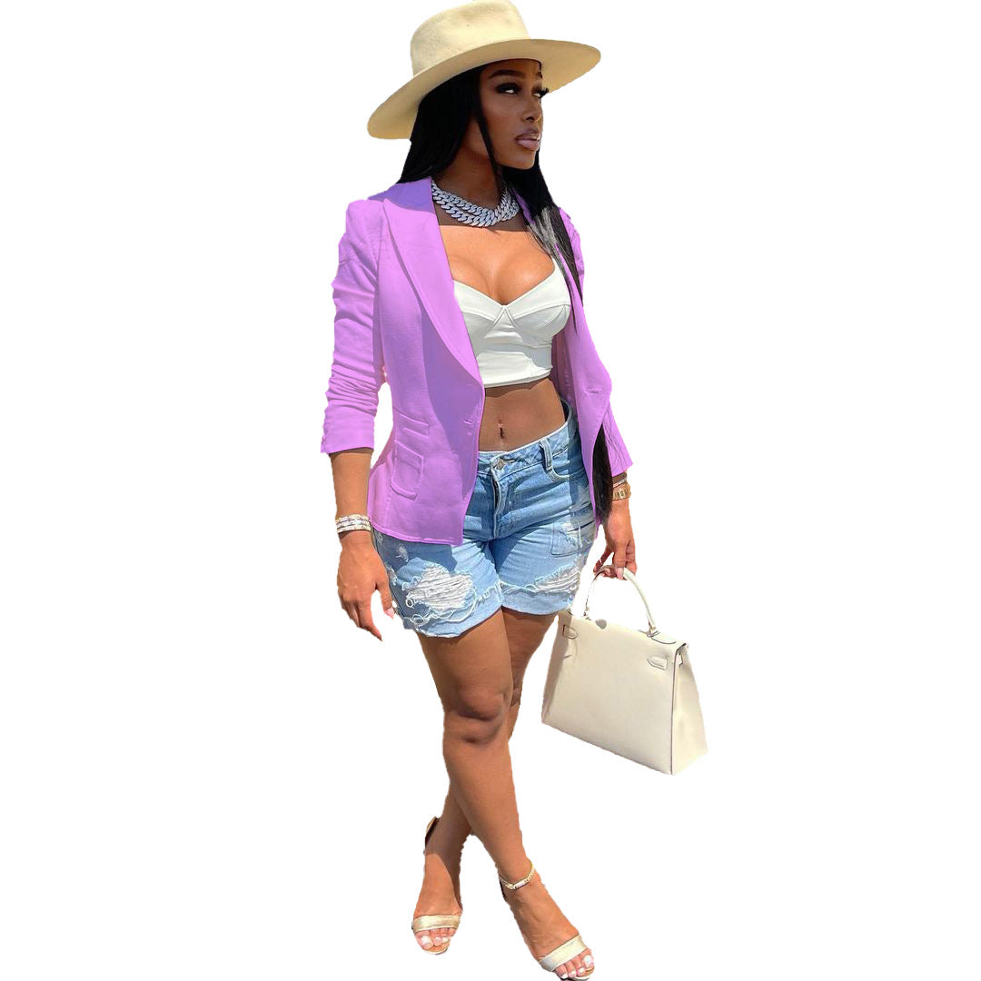 Women Solid Pocket Button Blazer 12