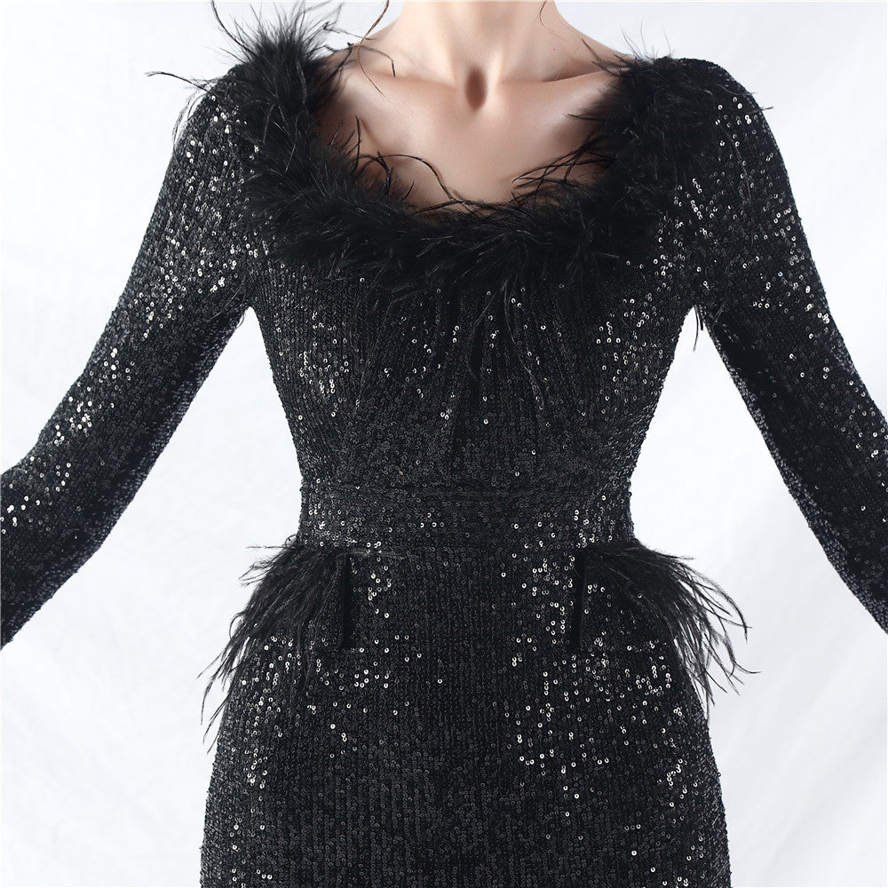 Women ostrich feather long-sleeved sequined evening dress 22