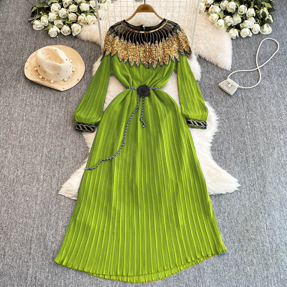Luxury Sequin Cape Patch Slim Waist Pleated Loose Long Dress 6
